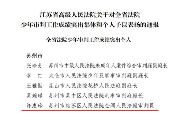 我院许惠珍法官获评全省法院少年审判工作成绩突出个人