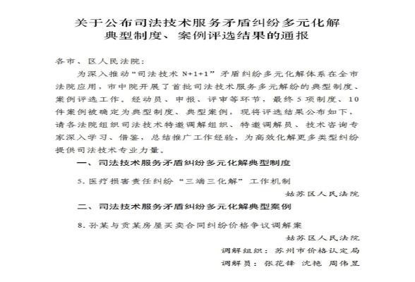 我院一项制度、一篇案例分别入选全市法院首批司法技术服务多元解纷典型制度、案例